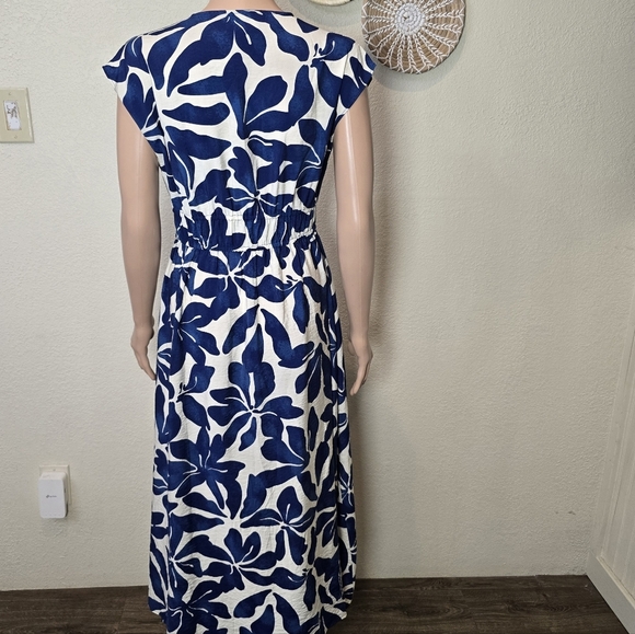 MNG  Long Printed Dress A-line Design Print V-Neck Short Sleeve Ruched Waist - Picture 8 of 12